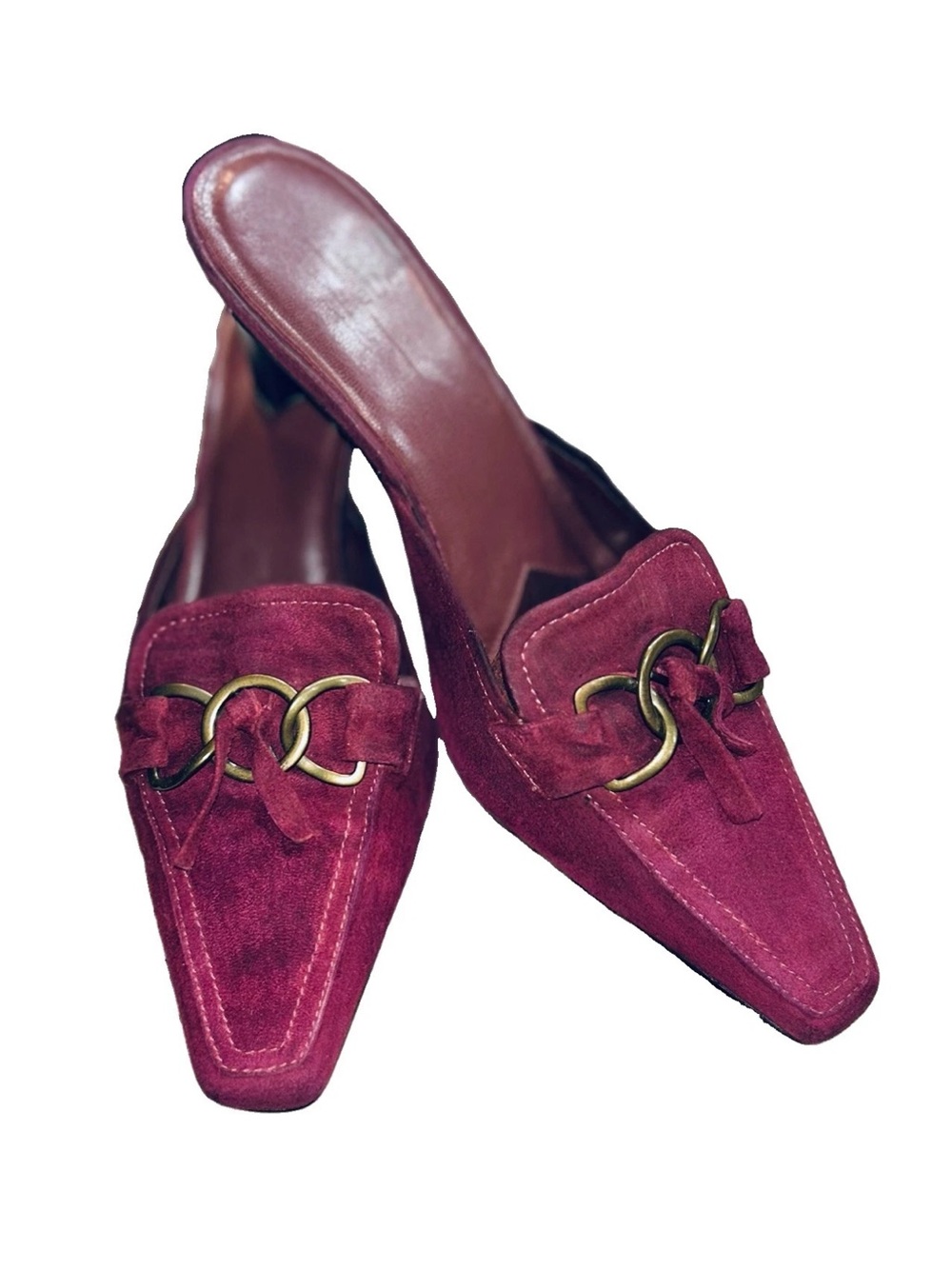 Vintage Danelle Suede Mule Heels Women 6.5 Burgundy Square Toe Horsebit Slip On